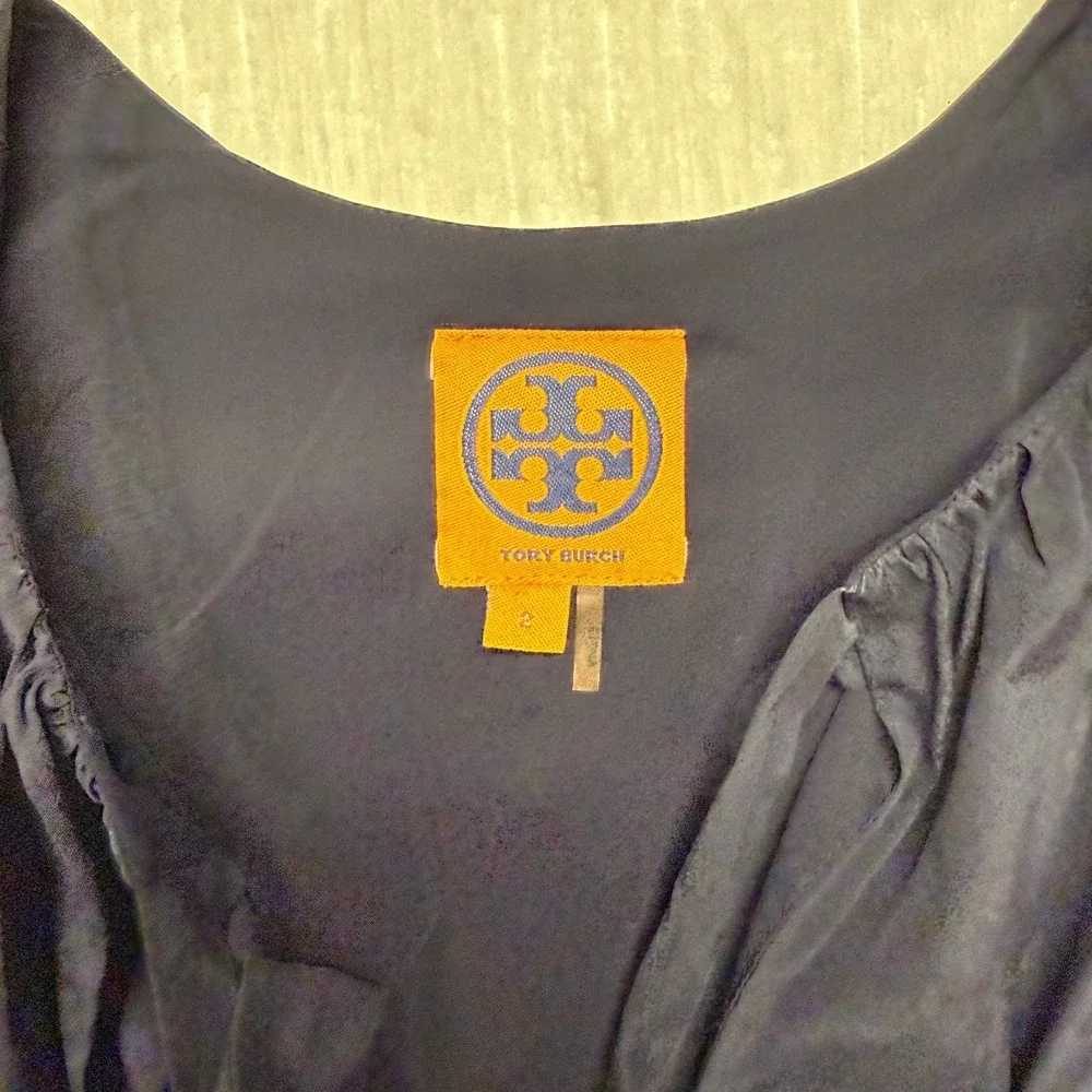 Tory Burch Silk Blouse Top Women 2 Navy Blue Sleeveless Ruffle Career Elegant